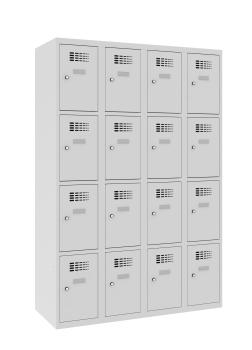 Ein lichtgrauer Fächerschrank mit vier Abteilen und 16 Fächern mit jeweils einer Tür. Alle Türen sind geschlossen. Der Schrank steht vor einem weißen Hintergrund.